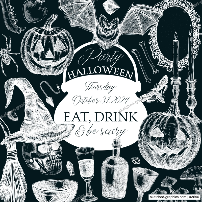Vintage Halloween frame design on chalkboard. Hand-drawn vector illustration. Skull, bones, pumpkin, poisons, cauldron sketch. Witch party invitation, poster, card. Not AI generated