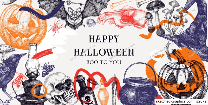 Collage style Halloween frame design. Hand drawn vector illustration. Halloween party invitation. Abstract shapes, trendy design elements, Skulls, bones, Halloween pumpkins, poison, mushrooms sketches