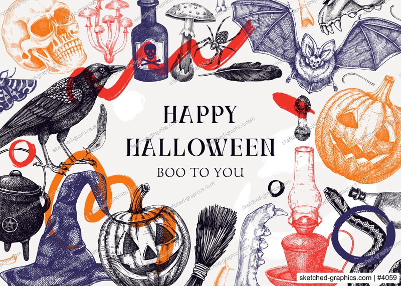 Collage style Halloween frame design. Hand drawn vector illustration. Halloween party invitation. Abstract shapes, trendy design elements, Skulls, bones, Halloween pumpkins, poison, mushrooms sketches