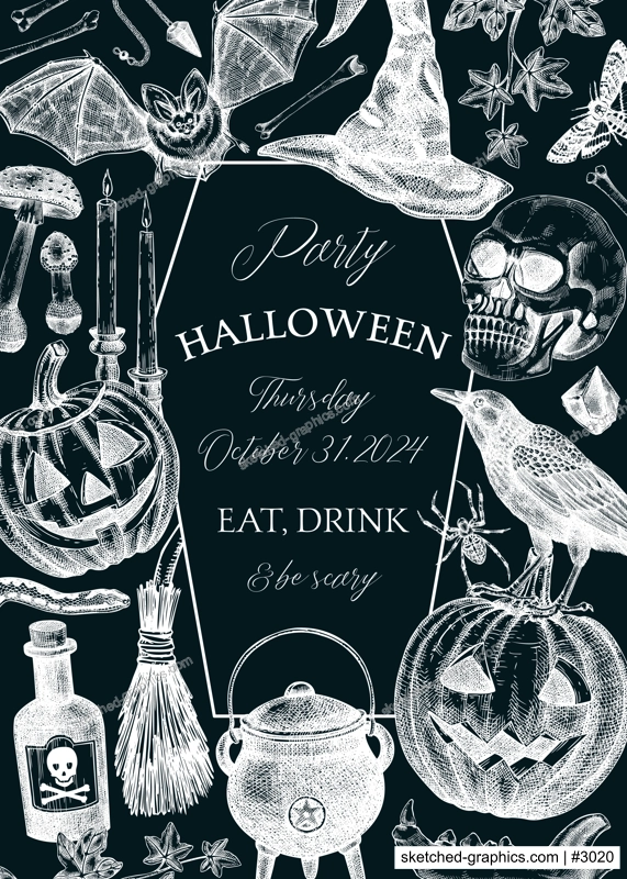Vintage Halloween frame design. Hand-drawn vector illustration on chalkboard. Skull, bones, pumpkin, poisons, cauldron sketch. Witch party invitation, poster, flyer. Not AI generated