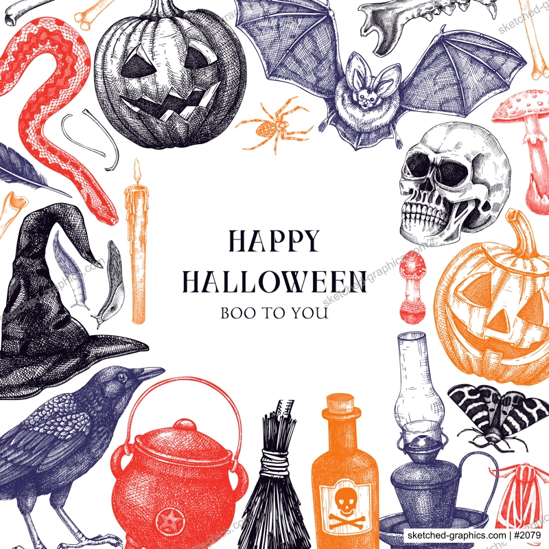 Halloween frame design. Hand drawn vector illustrations of Skull, bones, Halloween pumpkin, poisonous mushrooms, snakes, raven. Party invitation, flyer, card template in sketch style