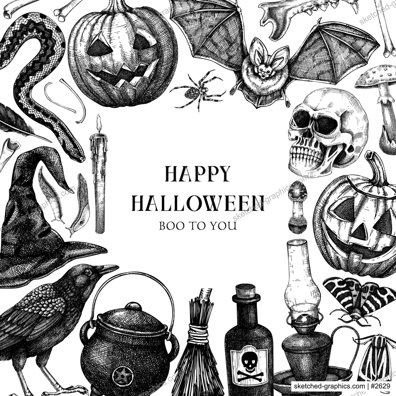 Vintage Halloween frame design. Hand drawn vector illustration. Skull, bones, pumpkin, poisonous mushrooms, snakes, raven sketches. Halloween party invitation, banner, card template