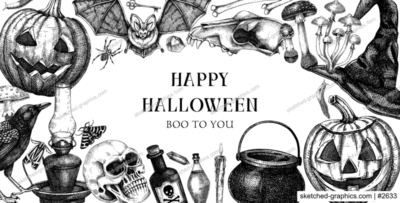 Vintage Halloween frame design. Hand drawn vector illustrations. Skull, bones, Halloween pumpkin, poisonous mushrooms, snakes, raven witch sketches. Halloween party invitation, card template, banner