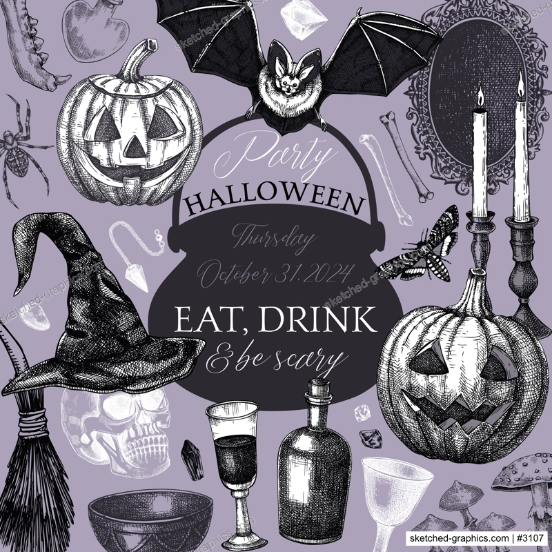 Vintage Halloween frame design. Hand-drawn vector illustration. Skull, bones, pumpkin, poisons, cauldron sketch. Witch party invitation, poster, card. Not AI generated