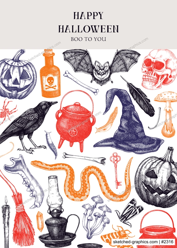Halloween invitation design template. Skull, bones, Halloween pumpkin, poisonous mushrooms, snakes, raven sketches. Hand drawn vector illustration. Witchcraft shop flyer, greeting card, book cover, 