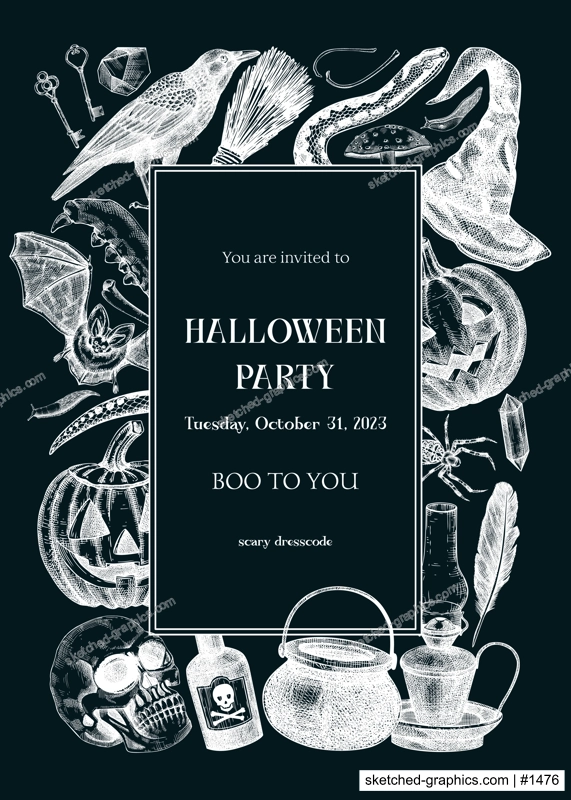 Halloween party invitation design template. Halloween pumpkins, sculls, poisonous mushrooms, bat, raven, snake sketches. Chalkboard background. Hand drawn vector illustration. Banner, card, wreath