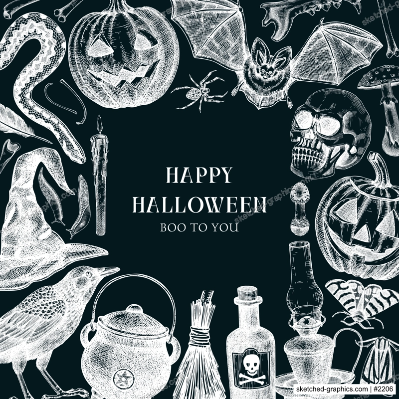 Halloween party invitation design template. Halloween pumpkins, sculls, poisonous mushrooms, bat, raven, snake sketches. Chalkboard background. Hand drawn vector illustration. Banner, card, frame