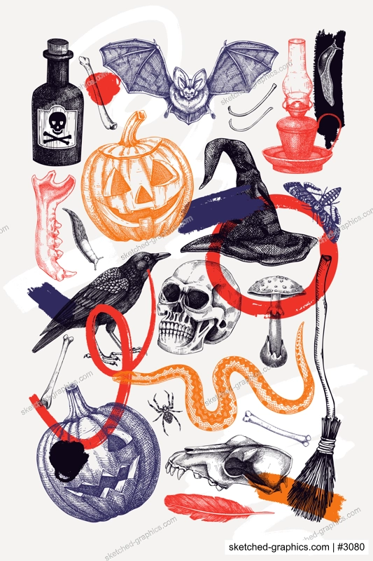 Collage style Halloween poster design template. Vintage wall art. Vector hand-drawn illustration for print. NOT AI generated