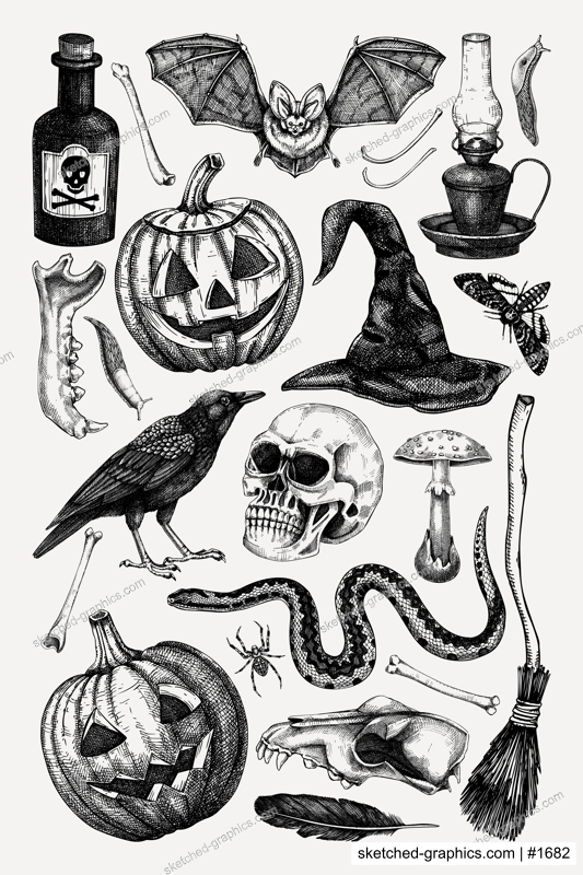 Halloween poster design template. Vintage wall art. Vector hand-drawn illustration for print. NOT AI generated