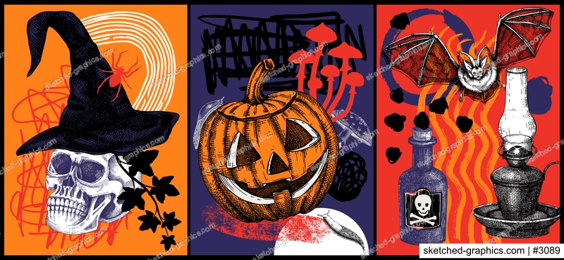 Halloween poster set. Hand drawn vector illustration. Skulls, bones, pumpkin, poisonous mushrooms, snakes, raven, witch hat sketches. Autumn holiday design. Trendy Halloween party collage 