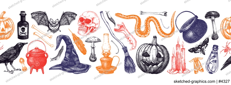 Halloween seamless pattern. Hand-drawn vector illustration. Skull, bones, pumpkin, poison, snakes, broom, witch hat,  mushrooms sketches. Autumn border. Repeating background design