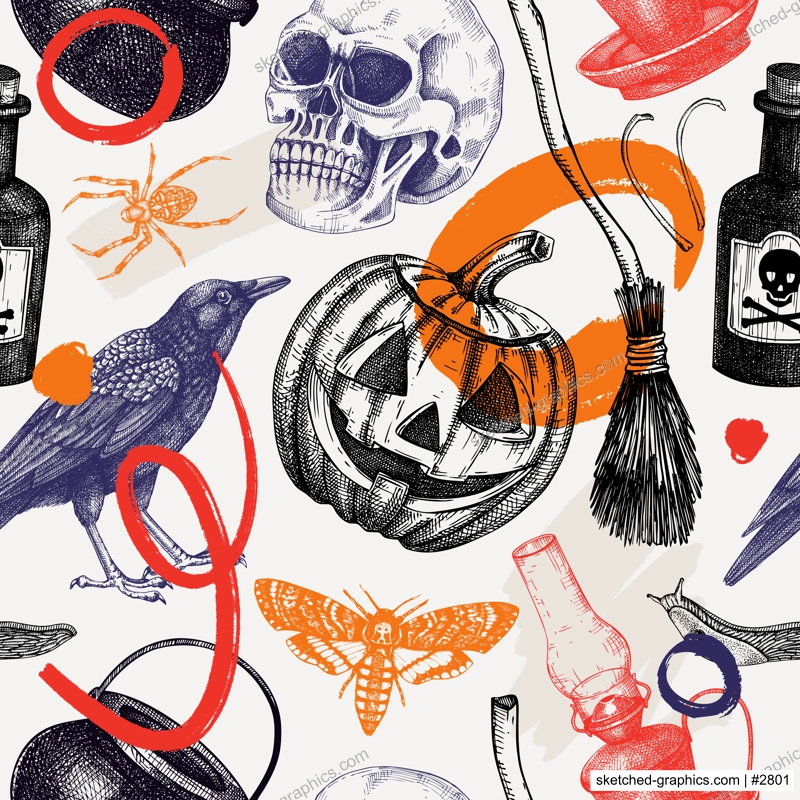 Collage style Halloween seamless pattern. Hand drawn vector illustration. Skulls, bones, pumpkin, poisonous mushrooms, snakes, raven sketches. Trendy autumn background. Abstract shapes, texture