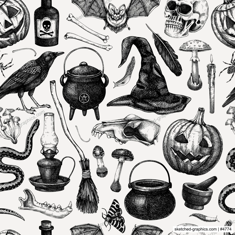 Halloween seamless pattern. Hand drawn vector illustration. Skulls, bones, pumpkin, poisonous mushrooms, snakes, raven sketches. Autumn holiday background. Vintage Halloween design elements