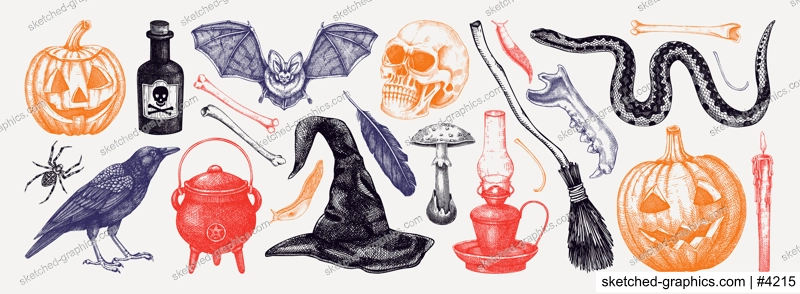 Halloween vector hand-drawn illustrations set. Skull, bones, potions, pumpkin head, poisonous mushrooms, snakes, raven sketches. Halloween design elements. Party invitation, print, banner, flyer