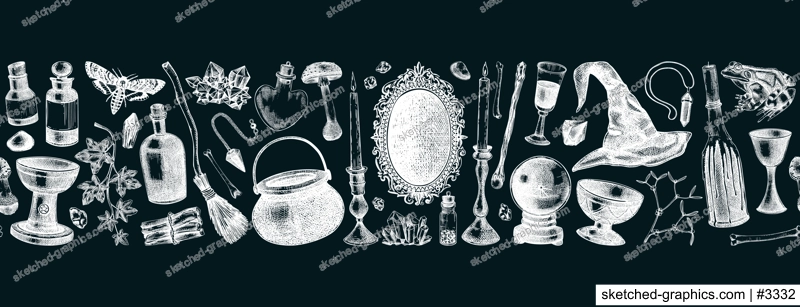Vintage Halloween vector border on chalkboard. Hand-drawn witchcraft background. Skull, bones, poison bottles, crystal ball, black mirror, candles sketches. Seamless pattern for magic design