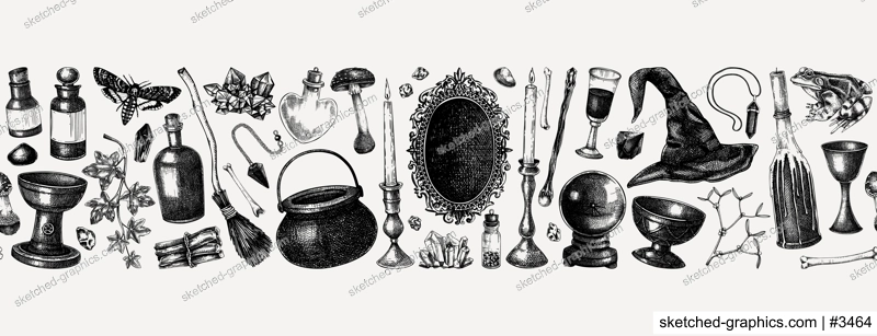 Vintage Halloween vector border. Hand-drawn witchcraft background. Skull, bones, poison bottles, crystal ball, black mirror, candles sketches. Seamless pattern for magic design