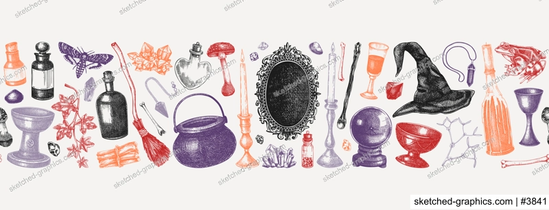 Vintage Halloween vector border. Hand-drawn witchcraft background in color. Skull, bones, poison bottles, crystal ball, black mirror, candles sketches. Seamless pattern for magic design
