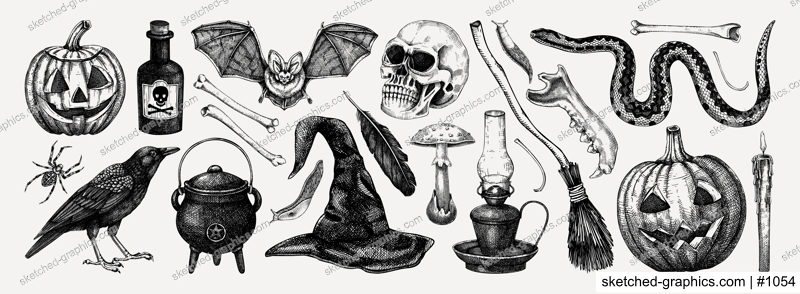 Halloween vector illustrations set. Skull, bones, potions, pumpkin head, poisonous mushrooms, snakes, raven sketches. Hand drawn witchcraft and magic element for Halloween design, print, decoration