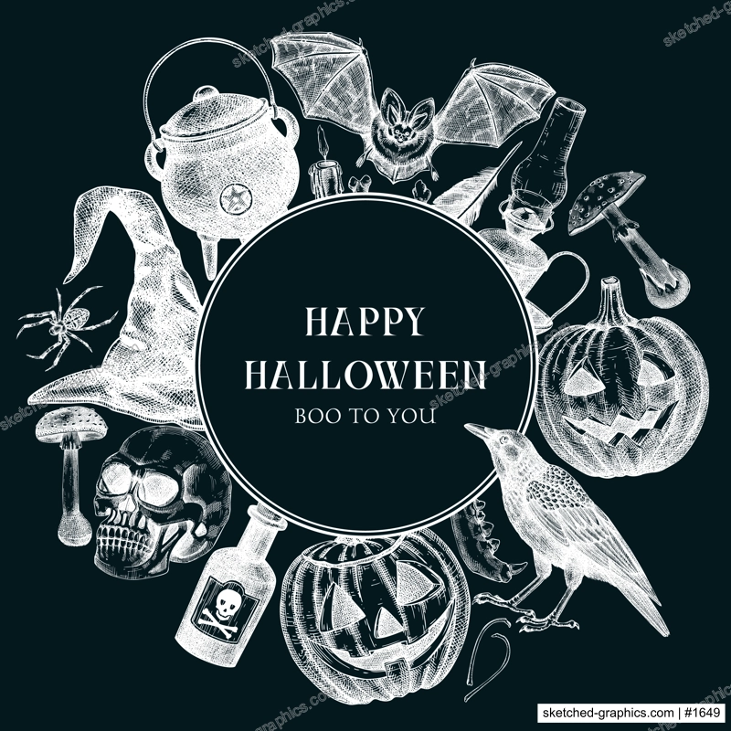 Halloween wreath design on chalkboard. Hand drawn vector illustrations. Skull, bones, Halloween pumpkin, poisonous mushrooms, snakes, raven sketches. Party invitation, flyer, card template