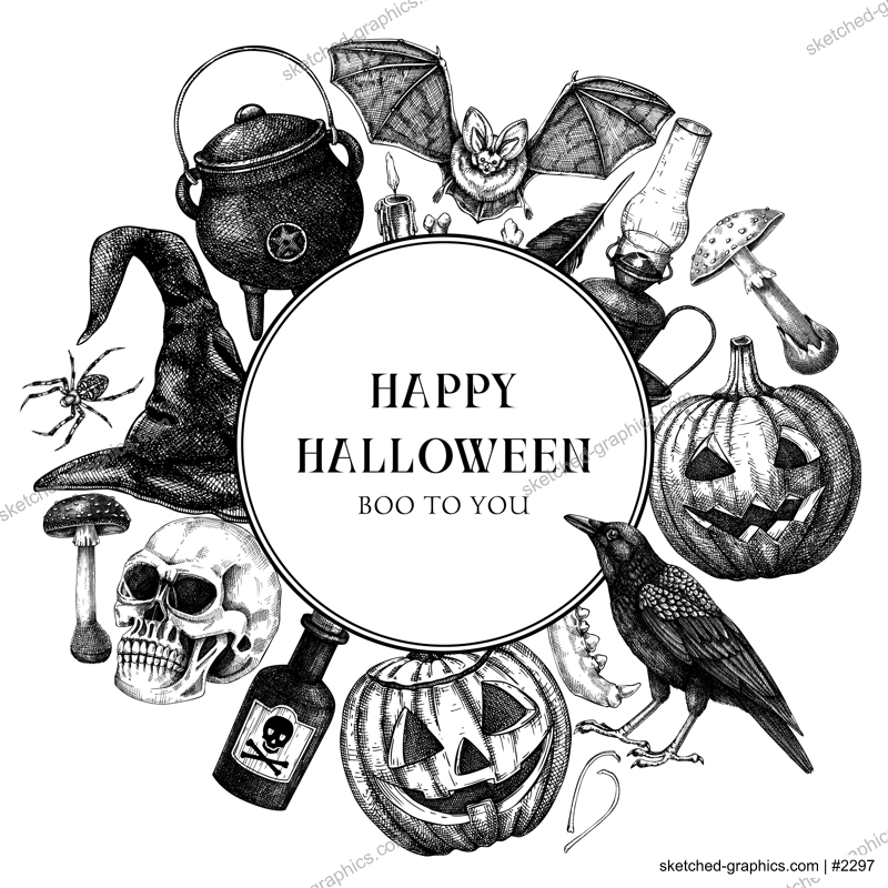 Vintage Halloween wreath design. Hand drawn vector illustrations. Skull, bones, Halloween pumpkin, poisonous mushrooms, snakes, raven sketches. Party invitation, flyer, card template