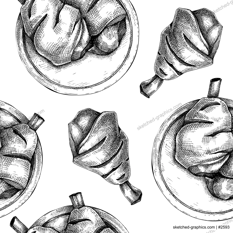 Ham hock seamless patter. German food sketch. Oktoberfest background. Hand drawn fast food illustration for Octoberfest. Traditional German meat dishes backdrop. Pork knuckle in engraved style