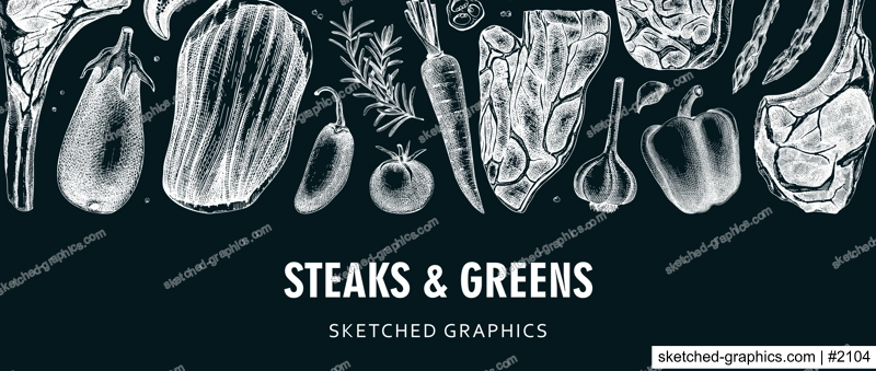 Healthy food border on chalkboard. Vintage style meat and vegetable vector background. Raw steaks sketches. Hand drawn food illustrations. NOT AI generated