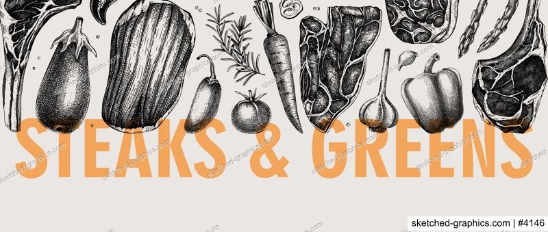 Healthy food border  Vintage style meat and vegetable vector background. Raw steaks sketches. Hand drawn food illustrations. NOT AI generated
