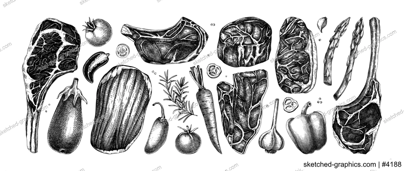 Healthy food sketches set. Meat and vegetable vector icons. Raw steaks drawings. Hand drawn food illustrations. NOT AI generated