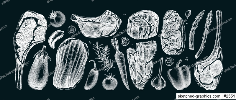 Healthy food sketches set. Meat and vegetable vector icons on chalkboard. Raw steaks drawings. Hand drawn food illustrations. NOT AI generated
