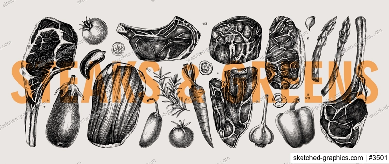 Healthy food sketches set. Vintage style meat and vegetable vector icons. Raw steaks drawings. Hand drawn food illustrations. NOT AI generated