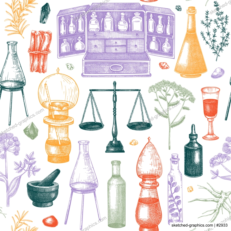 Herbal medicine background. Alchemy hand-drawn vector illustrations. Apothecary seamless pattern. Vintage chemistry glassware, healing herbs sketches. NOT AI generated