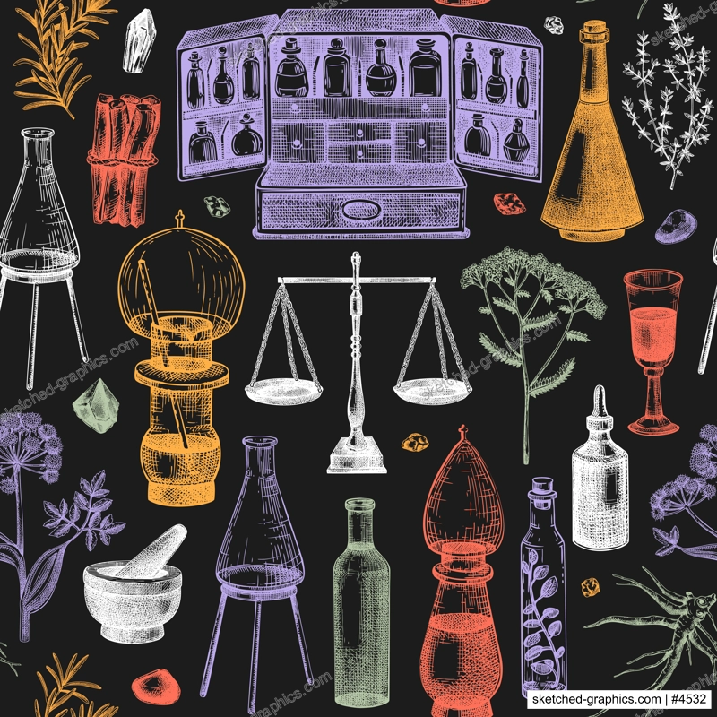 Herbal medicine background. Apothecary seamless pattern. Alchemy hand-drawn vector illustrations. Medicianl herbs fabric, textile, wrapping paper.  NOT AI generated