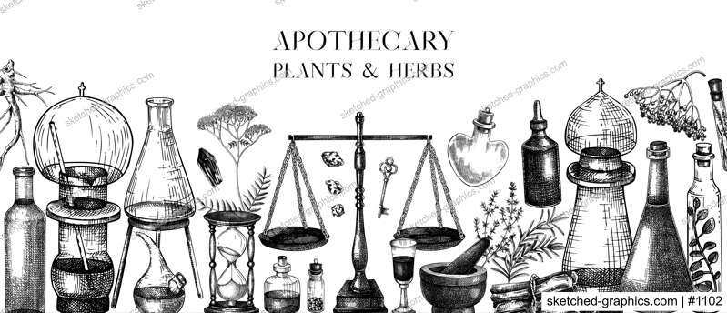 Herbal medicine ingredients banner. Antique apothecary background. Hand-drawn vector illustrations. Alchemy glassware sketches. NOT AI generated