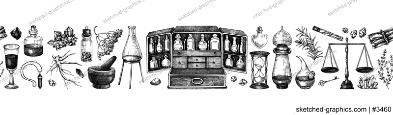 Herbal medicine ingredients seamless border. Antique apothecary background. Hand-drawn vector illustrations. Alchemy glassware sketches. NOT AI generated