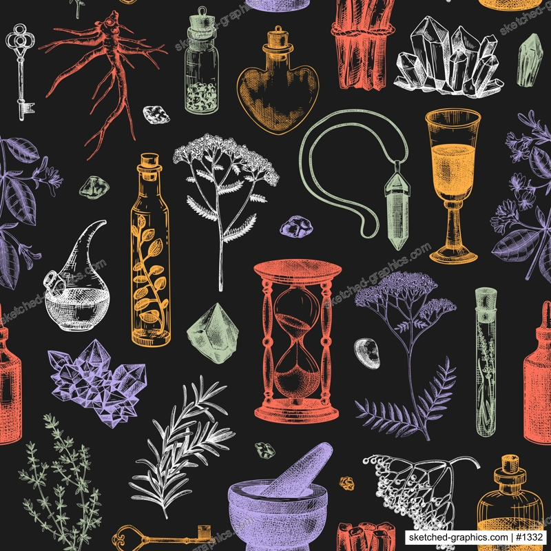 Herbal medicine ingredients background. Apothecary herbs seamless pattern. Alchemy hand-drawn vector illustrations.  NOT AI generated