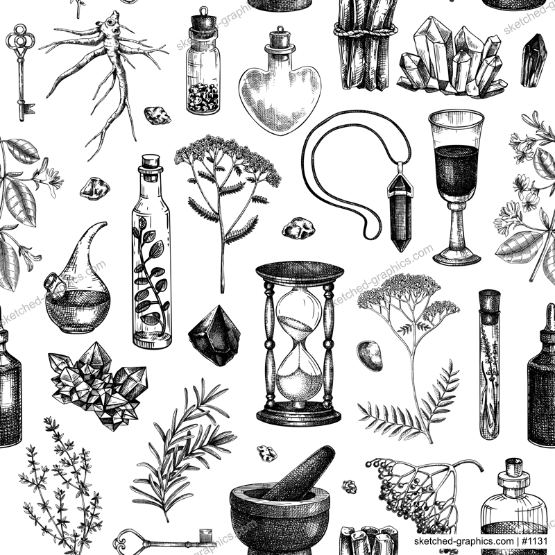 Herbal medicine ingredients background. Apothecary herbs seamless pattern. Alchemy hand-drawn vector illustrations. Vinatge texture NOT AI generated