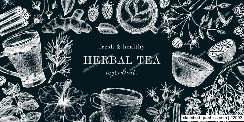 Hand drawn tea drinks ingredients banner in color. Vector sketches of hot beverage cups, herbs, flowers, fruits vintage background. Herbal tea design for cafe or restaurant menu, banners, web. 