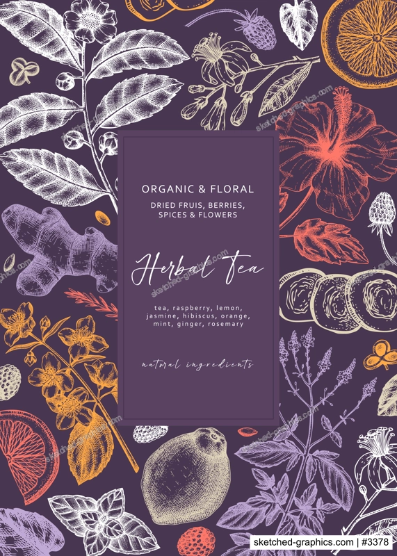 Hand sketched herbal tea ingredients banner. Vintage herbs, leaves, flowers, fruits hand drawings background. Perfect for recipe, menu, label, packaging. Herbal tea template.  Botanical illustration.