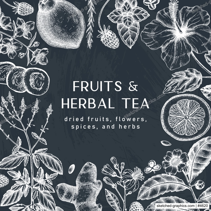 Hand sketched herbal tea ingredients design on chalkboard. Vintage herbs, leaves, flowers, fruits hand drawings background. Perfect for recipe, menu, label, packaging. Herbal tea template. 