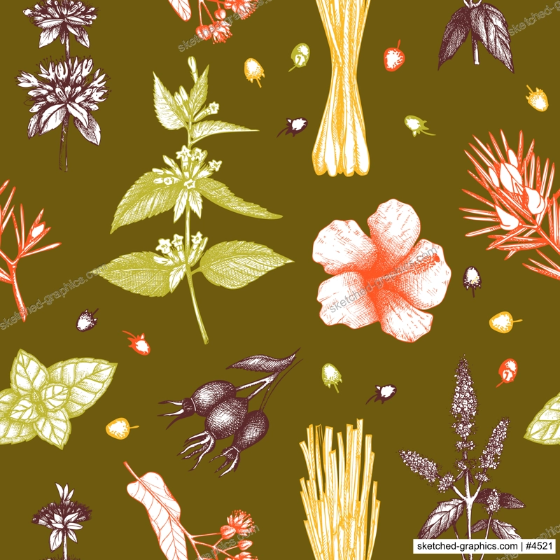 Tea seamless pattern. Herbal tea background. Medicinal herbs sketches. Hand-drawn vector illustration. NOT AI generated