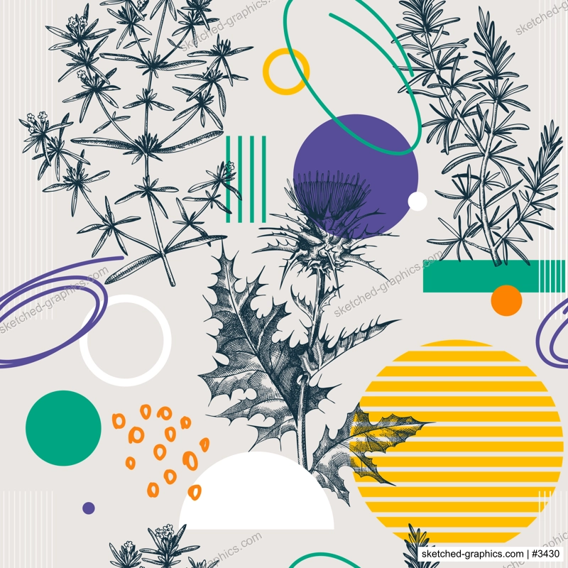 Collage-style summer background. Hand-sketched herbs seamless pattern. Trendy design with botanical sketches and geometric shapes. Elegant flowers for print, poster, fabric and wrapping paper