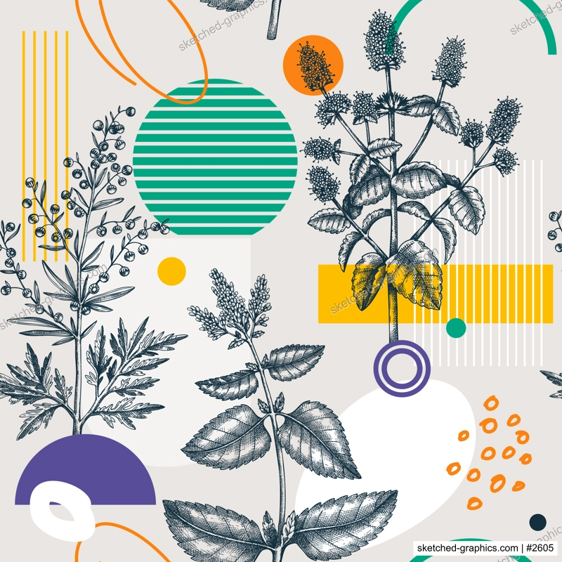 Collage-style summer background. Hand-sketched herbs seamless pattern. Trendy design with botanical sketches and geometric shapes. Elegant flowers for print, poster, fabric and wrapping paper