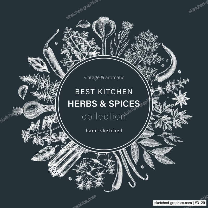 Hand-drawn herbs and spices round design. Hand-sketched food wreath on chalkboard. Vintage aromatic plants hand-drawing. Kitchen herbs and spice frame template in sketched style for menu or banners