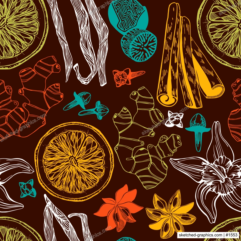 Hand-drawn herbs and spices background. Vinatge food seamless pattern. Kitchen spices sketches - cinnamon, vanilla, cloves, nutmeg, ginger.. NOT AI generated