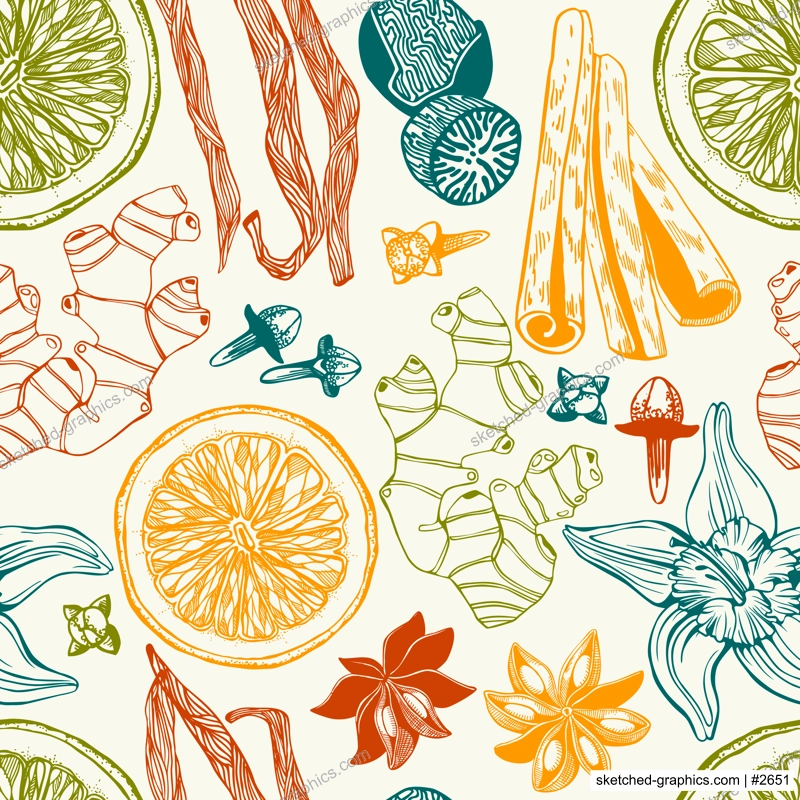 Hand-drawn herbs and spices background. Vinatge food seamless pattern. Kitchen spices sketches for packaging, fabric, menu, labels. NOT AI generated