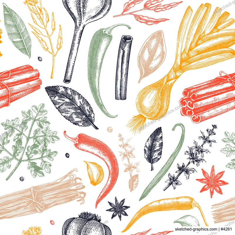 Hand-drawn herbs and spices sketches background. Hand-sketched food backdrop in color. Vintage aromatic plants seamless pattern in sketched style. Kitchen spice and herbs  fabric design
