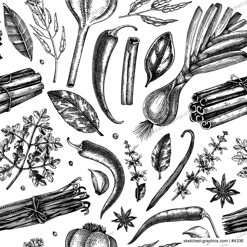 Hand-drawn herbs and spices sketches background. Hand-sketched food backdrop in color. Vintage aromatic plants seamless pattern in sketched style. Kitchen spice and herbs  fabric design
