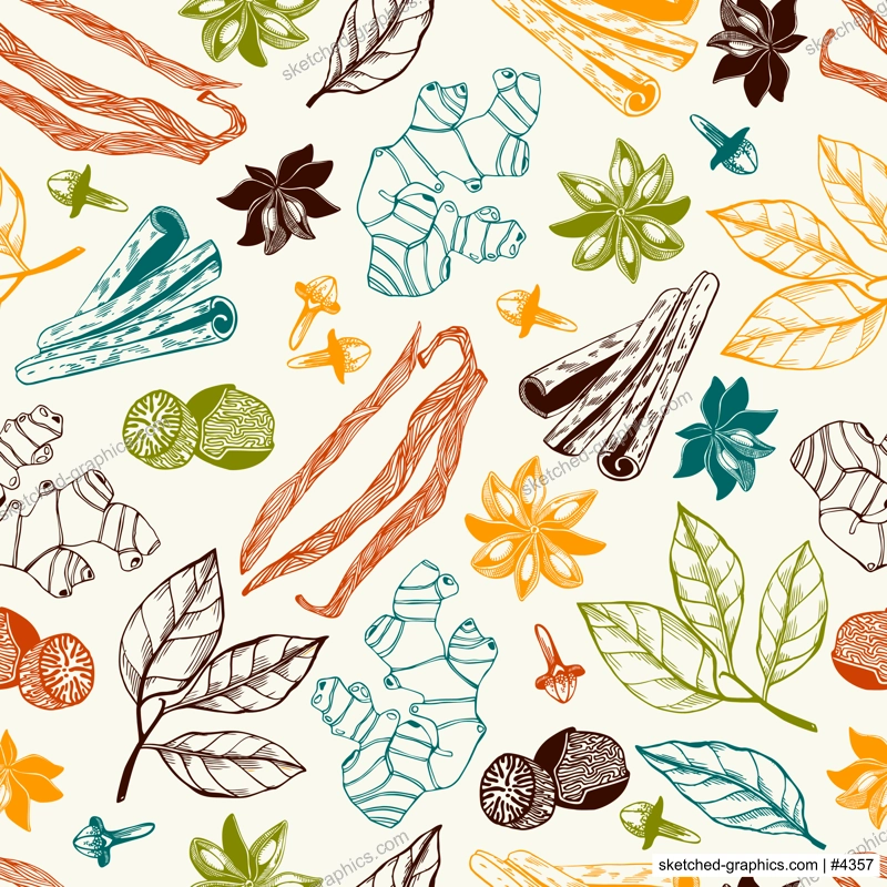 Hand-drawn herbs and spices background. Vinatge food seamless pattern. Kitchen spices sketches for packaging, fabric, menu, labels. NOT AI generated