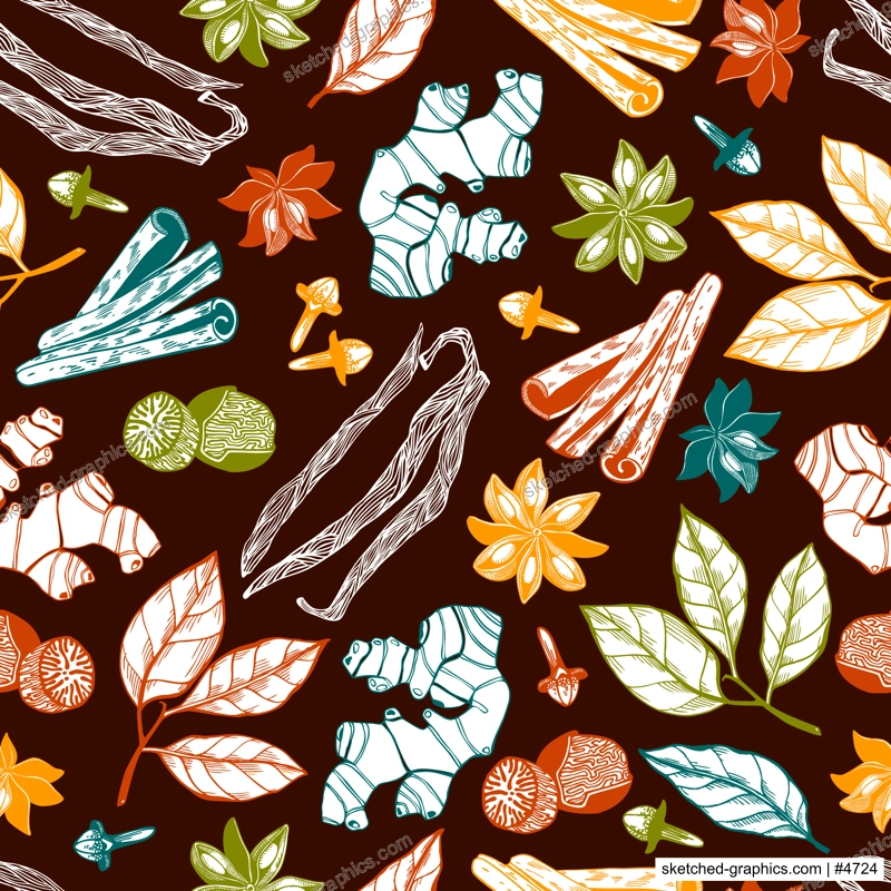 Hand-drawn herbs and spices background. Food seamless pattern. Kitchen spice sketches for packaging, fabric, menu, labels. NOT AI generated