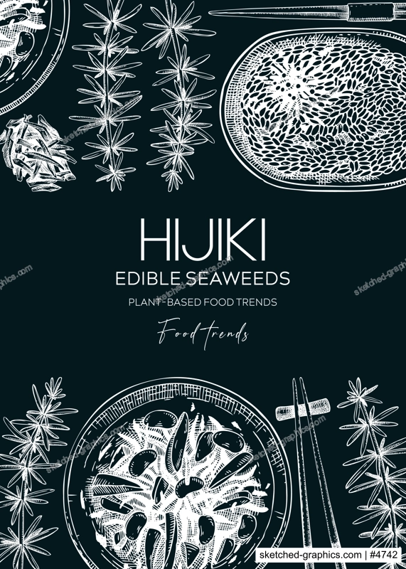 Hand-drawn hijiki flyer on chalkboard. Sea vegetable drawings. Edible seaweed vector illustration in sketch style. Japanese cuisine menu design. Healthy food ingredients background 